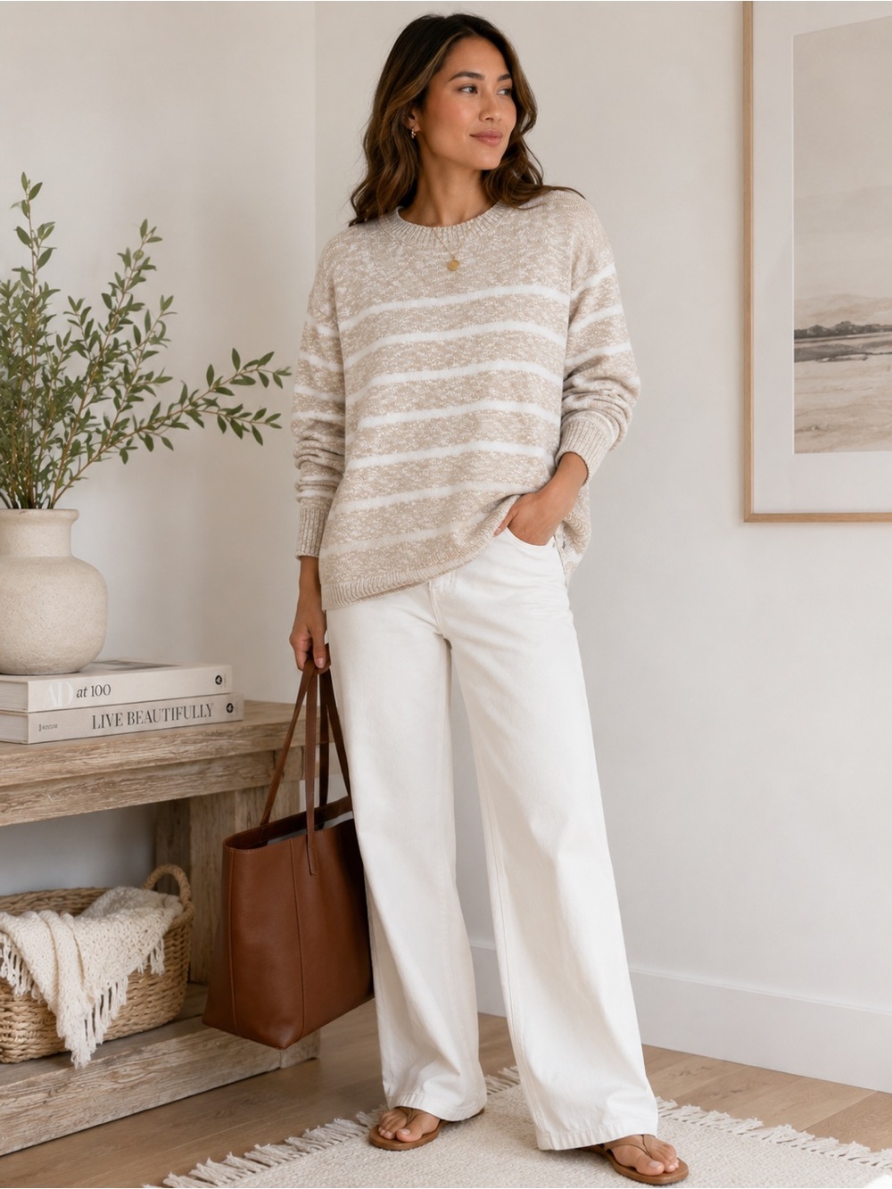 J.Crew NWT Beige Marled Stripe Crewneck Sweater Cotton Blend Size Large